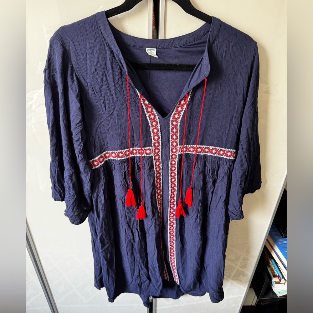 Old Navy | Bohemian Embroidered Swing Dress w/ Tassels, Navy and Red | Small - Picture 3 of 12